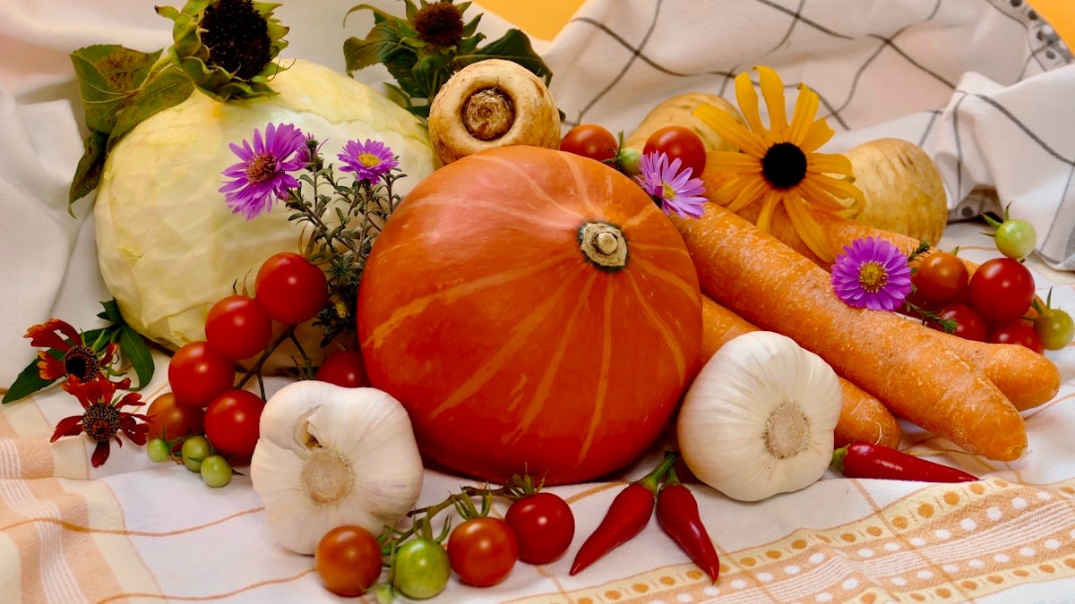 Harvest time - vegetables and the last flowers